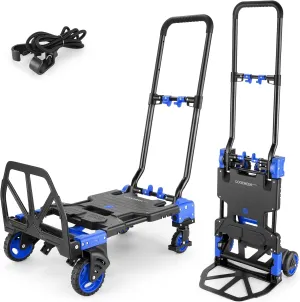 330LB Folding Hand Truck Heavy Duty Carrying, Combination of Four Wheels and Two Wheels Convertible Dolly Cart with Retractable Handle Dolly for Moving Office Carts(Blue)