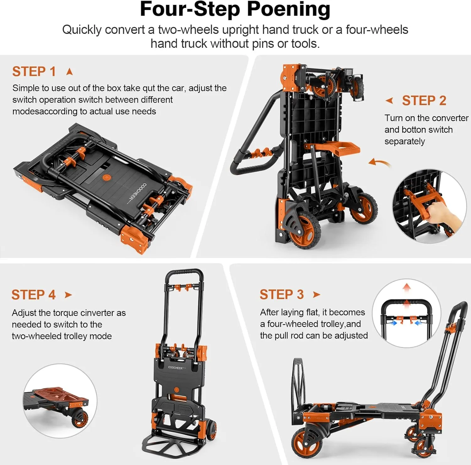 330LB Folding Hand Truck Heavy Duty Carrying, Combination of Four Wheels and Two Wheels Convertible Dolly Cart with Retractable Handle Dolly for Moving Office Carts(Orange)