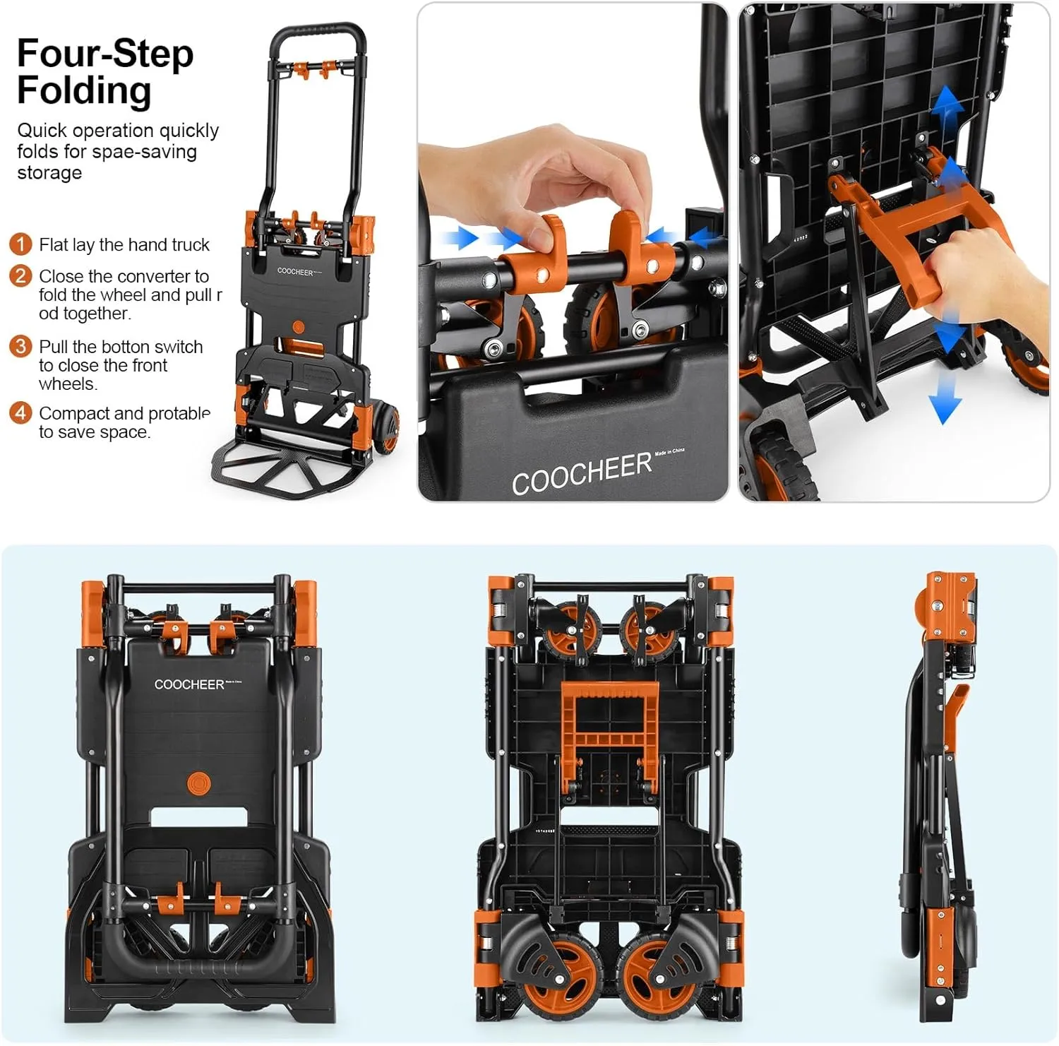 330LB Folding Hand Truck Heavy Duty Carrying, Combination of Four Wheels and Two Wheels Convertible Dolly Cart with Retractable Handle Dolly for Moving Office Carts(Orange)