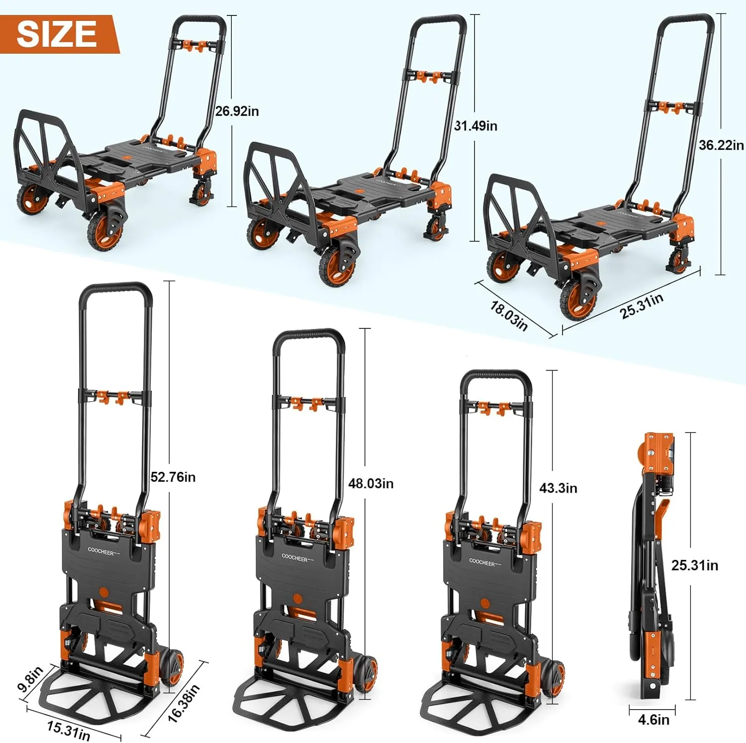 330LB Folding Hand Truck Heavy Duty Carrying, Combination of Four Wheels and Two Wheels Convertible Dolly Cart with Retractable Handle Dolly for Moving Office Carts(Orange)