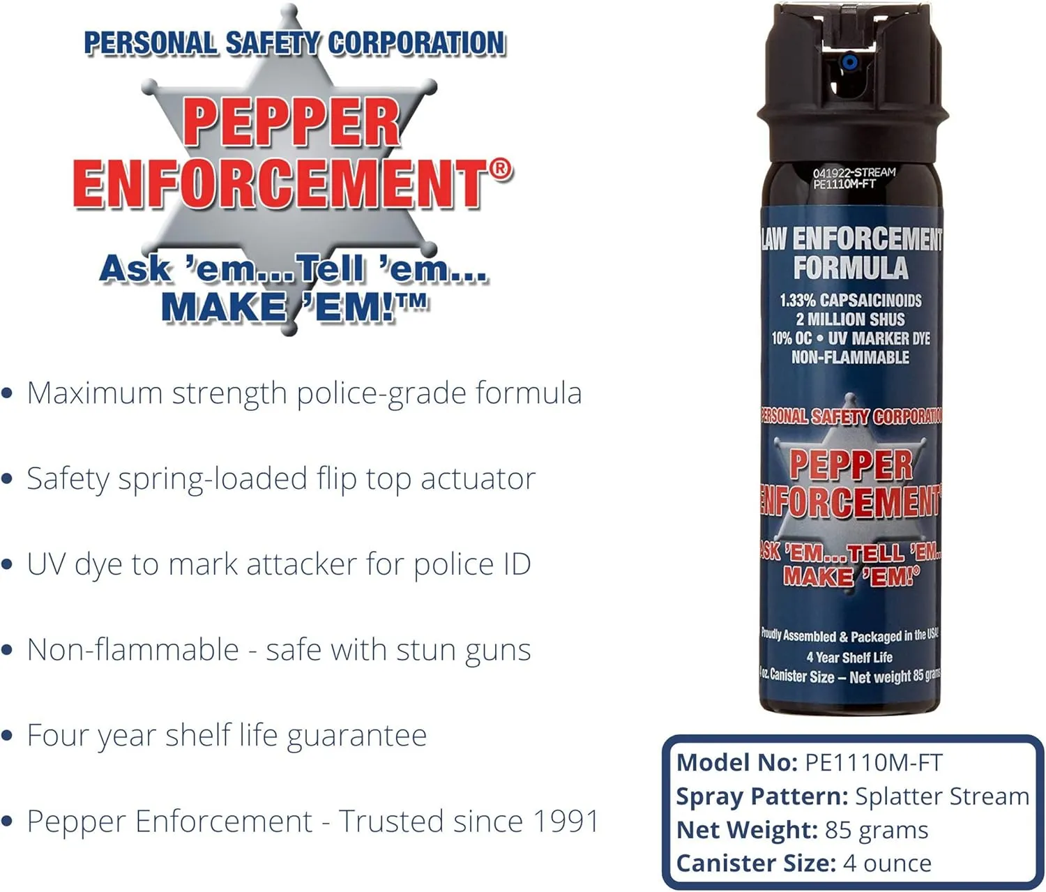 4 oz. Splatter Stream Pepper Spray for Self Defense - Maximum Police Strength 10% OC Formula, Emergency Personal Protection, Flip Top Safety for Quick and Accurate Aim