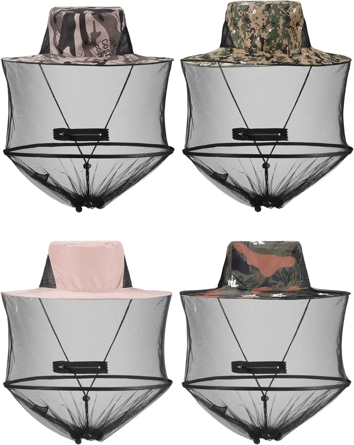 4 Pieces Mosquito Net Hat Mesh Sun Bug Face Hat Cover with Zipper Foldable Fly Protection Net Mesh for Fishing Hiking Gardening, 4 Colors