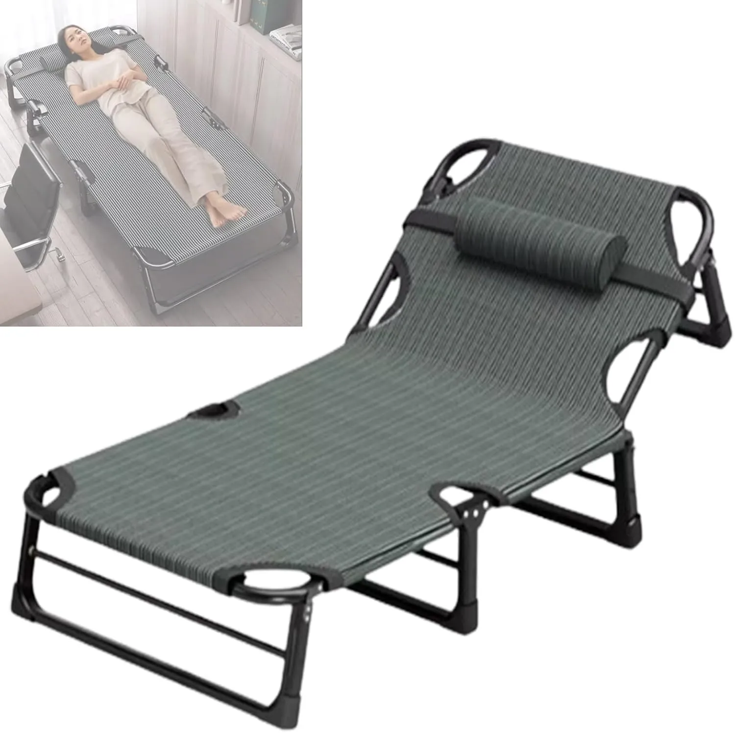 4 Position Adjustable Rollaway Bed, Folding Camping Cot Sleeping Cot for Office Beach Picnic Terrace Pools, Also As Portable Sunlounger Guest Bed