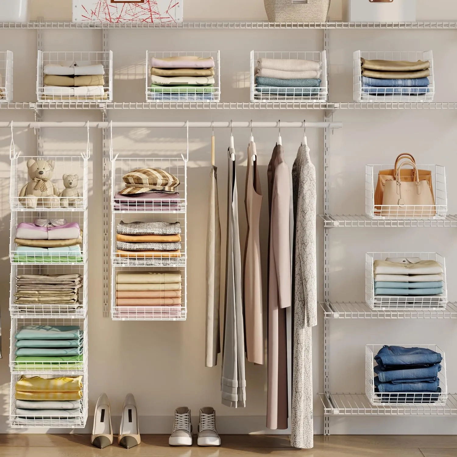 5 Tier Closet Hanging Organizer, Clothes Hanging Shelves with 4 Hanging Hooks 5 S Hooks, Wire Storage Basket Bins, for Clothing Sweaters Shoes Handbags Clutches Accessories Patent Design-White