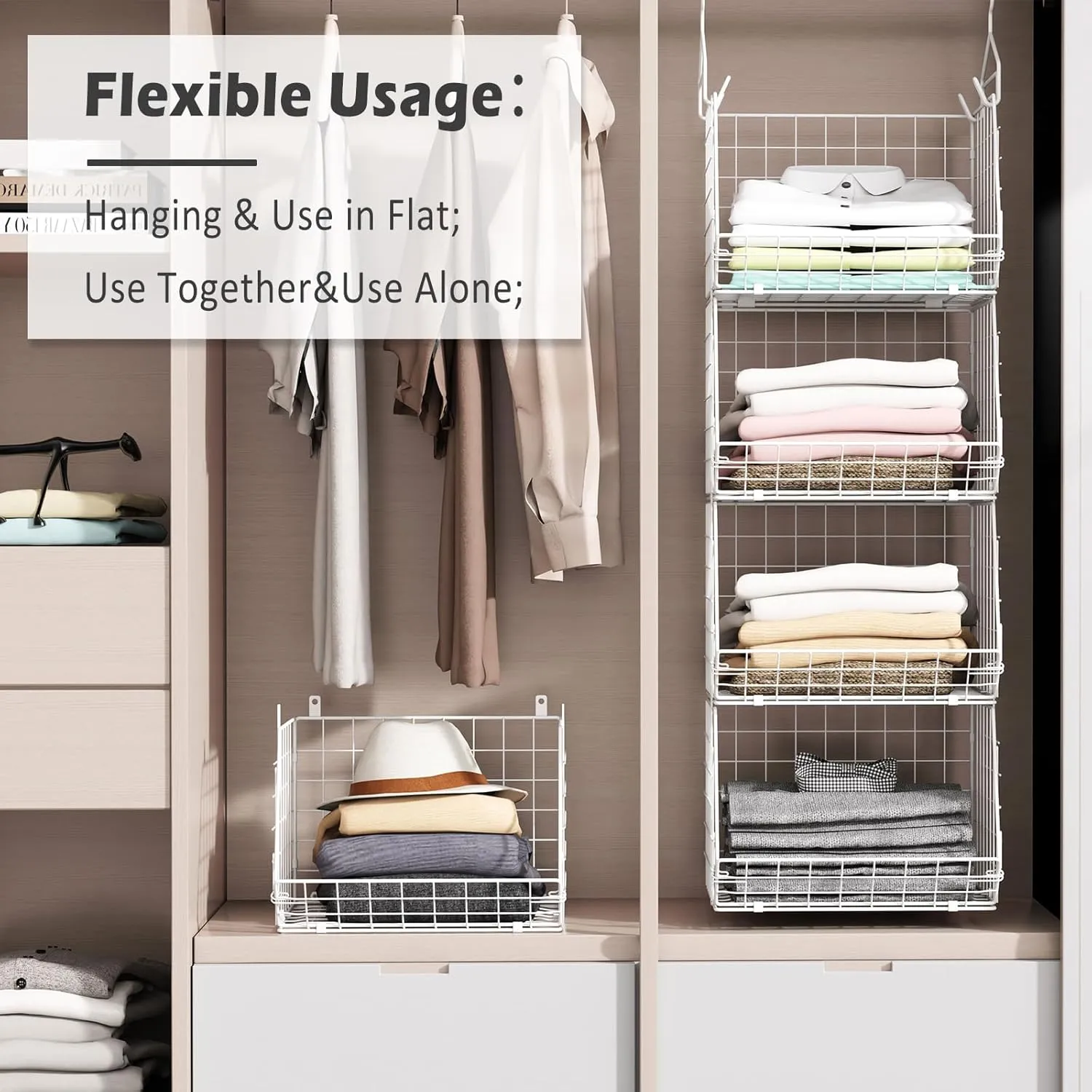 5 Tier Closet Hanging Organizer, Clothes Hanging Shelves with 4 Hanging Hooks 5 S Hooks, Wire Storage Basket Bins, for Clothing Sweaters Shoes Handbags Clutches Accessories Patent Design-White