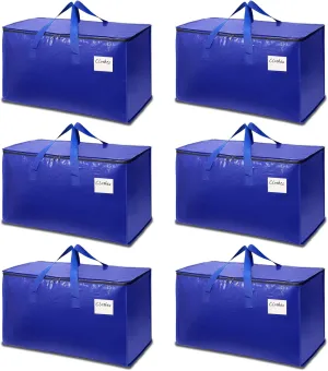 6-Pack Extra-Large Heavy-Duty Storage Totes with Reinforced Handles, Durable Zippers & Waterproof Material — Perfect for Space-Saving, Moving, Shipping and Travel (Blue)