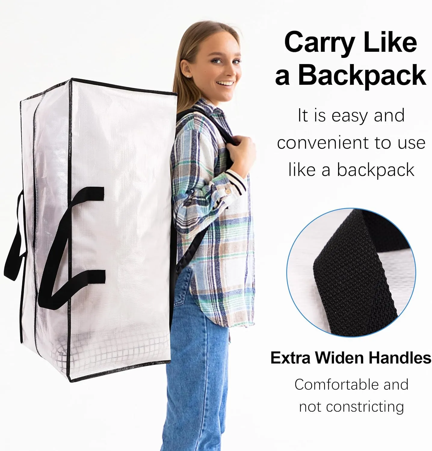 6 Pack Heavy Duty Large Moving Bags W/Backpack Straps - Strong Handles & Zippers, Storage Totes For Space Saving, Fold Flat, Alternative to Moving Box and Storage Bin, Semi-Transparent