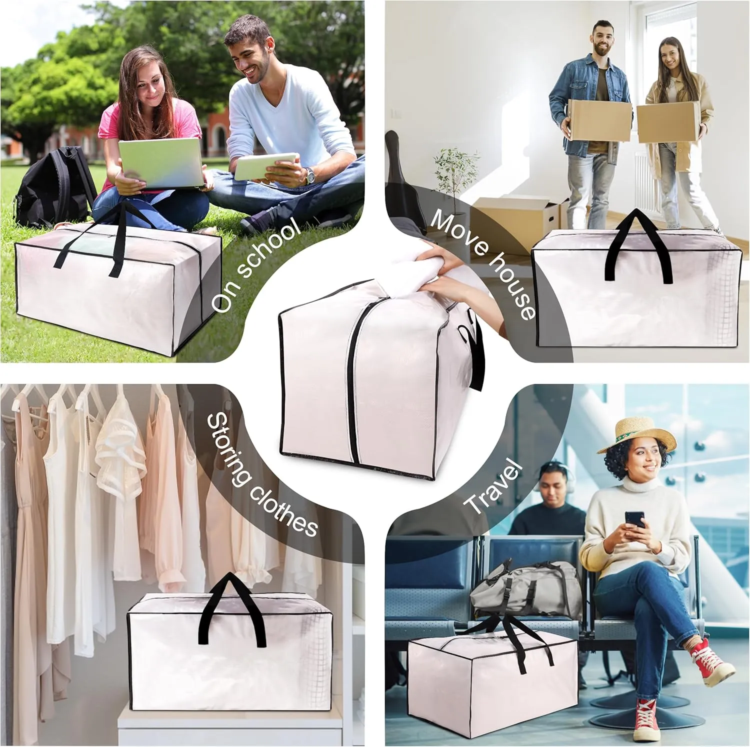 6 Pack Heavy Duty Large Moving Bags W/Backpack Straps - Strong Handles & Zippers, Storage Totes For Space Saving, Fold Flat, Alternative to Moving Box and Storage Bin, Semi-Transparent