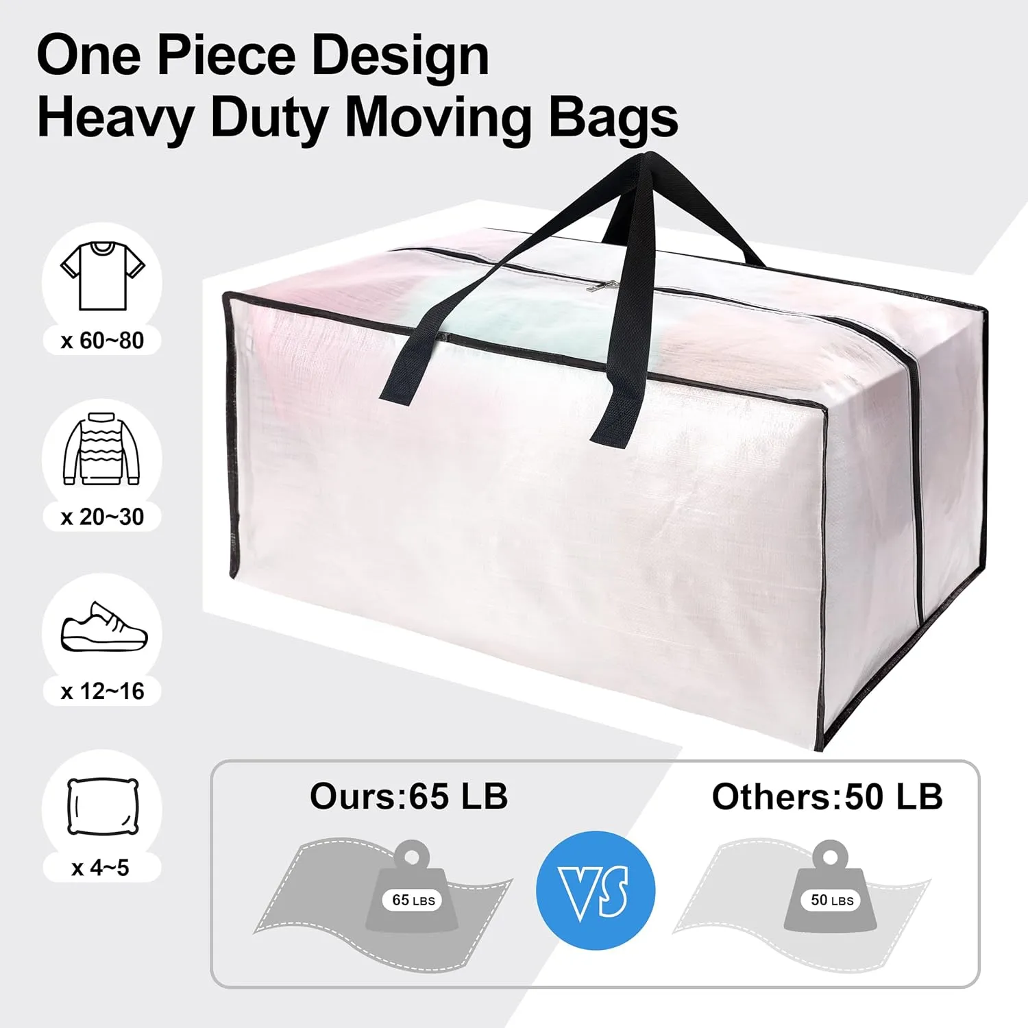 6 Pack Heavy Duty Large Moving Bags W/Backpack Straps - Strong Handles & Zippers, Storage Totes For Space Saving, Fold Flat, Alternative to Moving Box and Storage Bin, Semi-Transparent