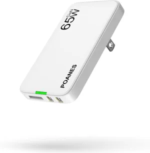65W GaN USB C Charger, 3 Port Flat USB Wall Charger with USB C and A, Ultra-Slim GaN PD3.0&PPS Adapter, Foldable Plug for Travel for MacBook, Laptops, Tablets, iPhone 15, Samsung(White-65W)