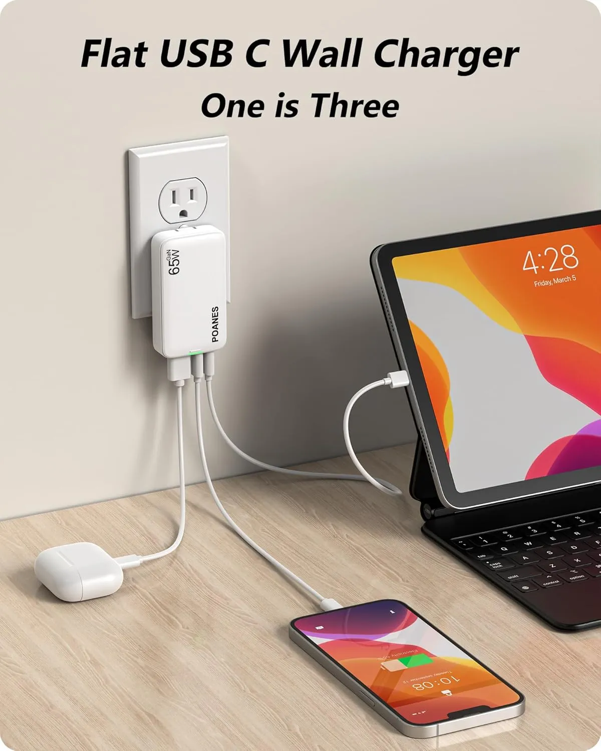 65W GaN USB C Charger, 3 Port Flat USB Wall Charger with USB C and A, Ultra-Slim GaN PD3.0&PPS Adapter, Foldable Plug for Travel for MacBook, Laptops, Tablets, iPhone 15, Samsung(White-65W)