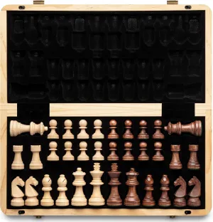 A&A 15 inch Foldable Wooden Magnetic Chess Set w/ 3 inch King Height Staunton Chess Pieces - Pine Box w/Walnut & Maple Inlay