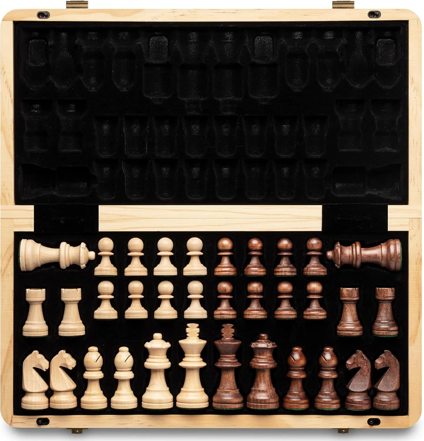 A&A 15 inch Foldable Wooden Magnetic Chess Set w/ 3 inch King Height Staunton Chess Pieces - Pine Box w/Walnut & Maple Inlay