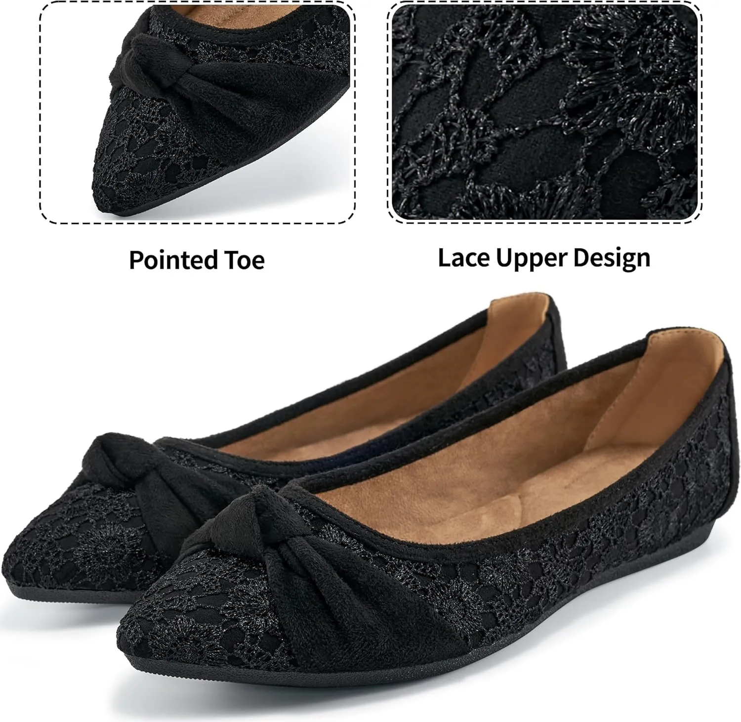 Ablanczoom Dress Shoes for Womens Flats: Dressy Comfortable Pointed Toe Bow Lace Mesh Ballet Flat Wedding Bridal Shoe for Women