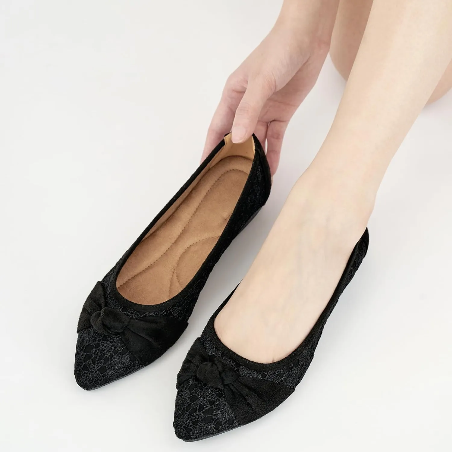 Ablanczoom Dress Shoes for Womens Flats: Dressy Comfortable Pointed Toe Bow Lace Mesh Ballet Flat Wedding Bridal Shoe for Women