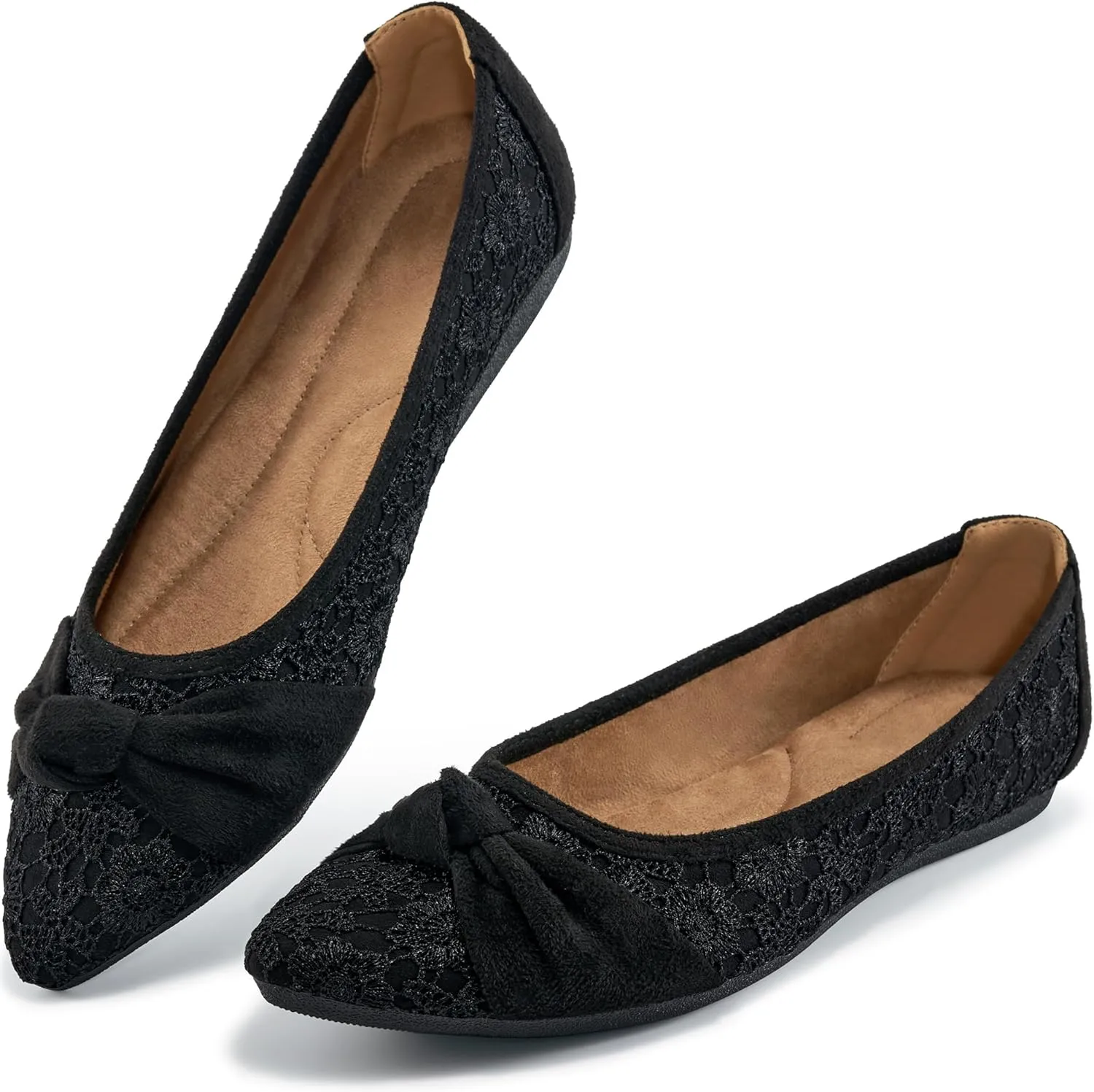 Ablanczoom Dress Shoes for Womens Flats: Dressy Comfortable Pointed Toe Bow Lace Mesh Ballet Flat Wedding Bridal Shoe for Women