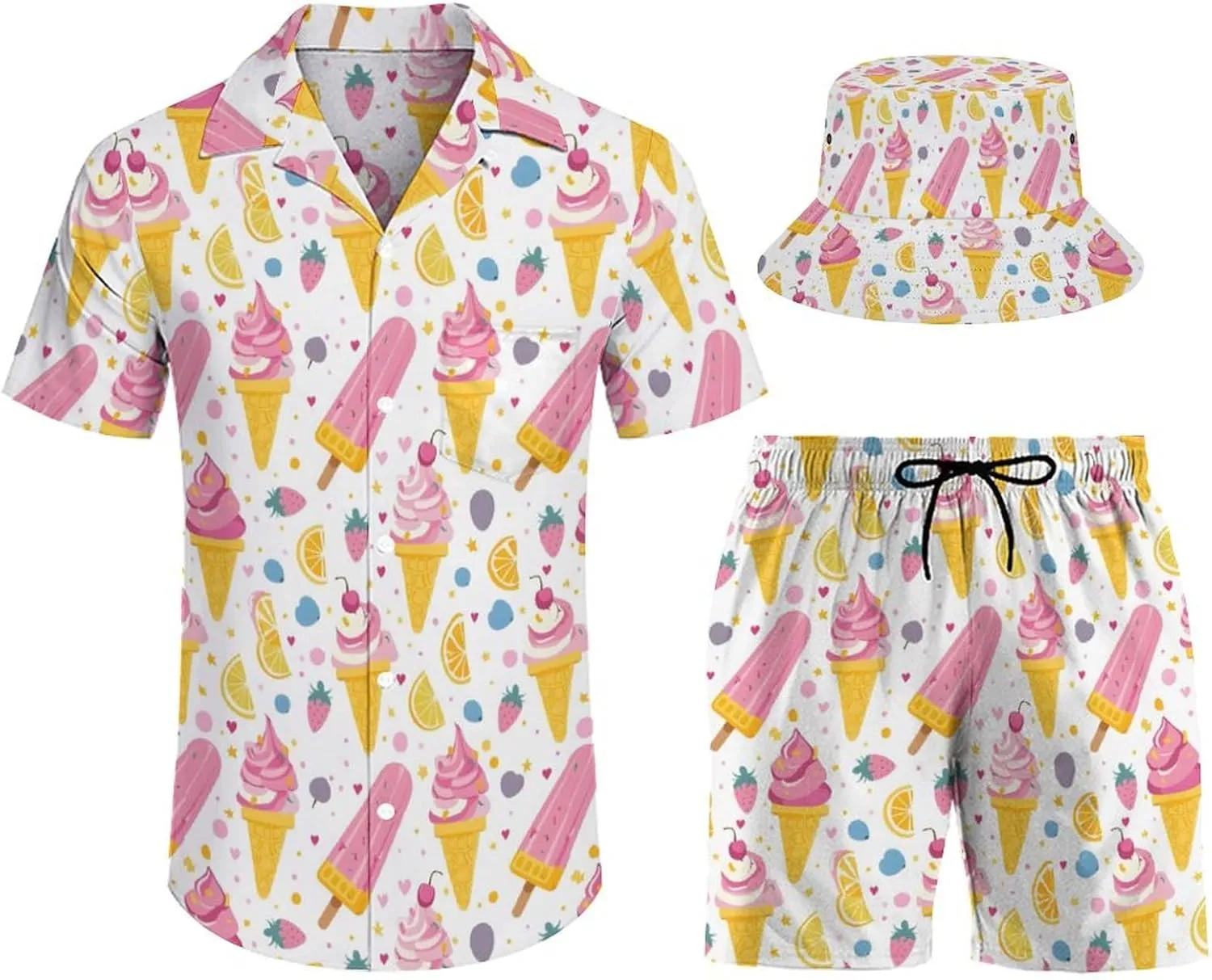 Adugen Origei Men's Two Piece Matching Sets Trees Pattern Beach Suit Button-Up Shirt