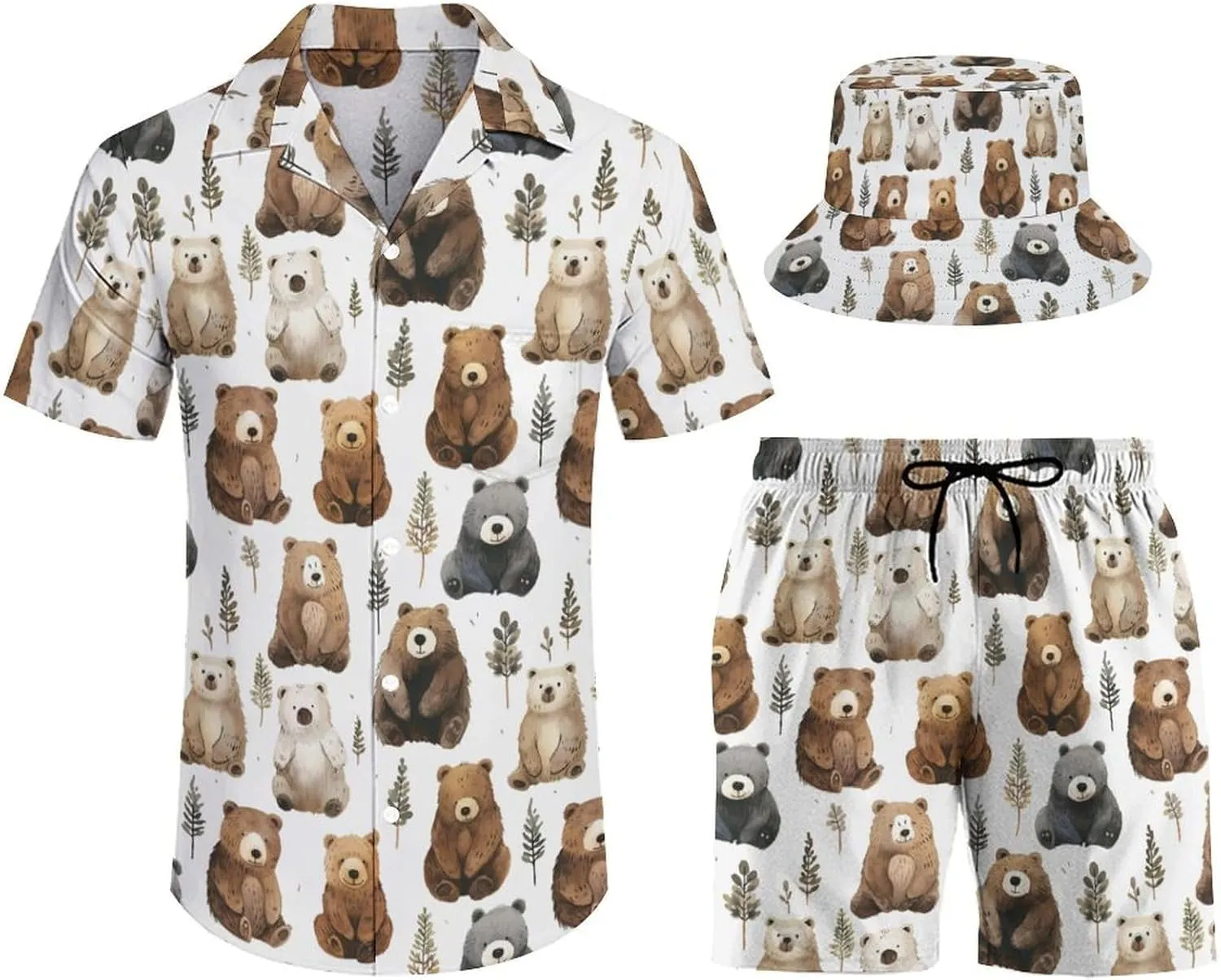 Adugen Origei Men's Two Piece Matching Sets Trees Pattern Beach Suit Button-Up Shirt