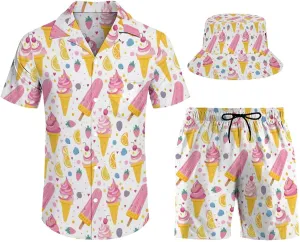 Adugen Origei Men's Two Piece Matching Sets Trees Pattern Beach Suit Button-Up Shirt
