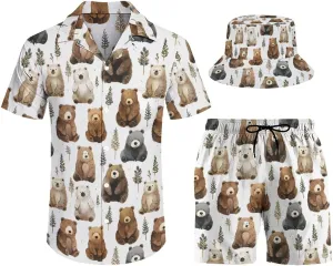 Adugen Origei Men's Two Piece Matching Sets Trees Pattern Beach Suit Button-Up Shirt