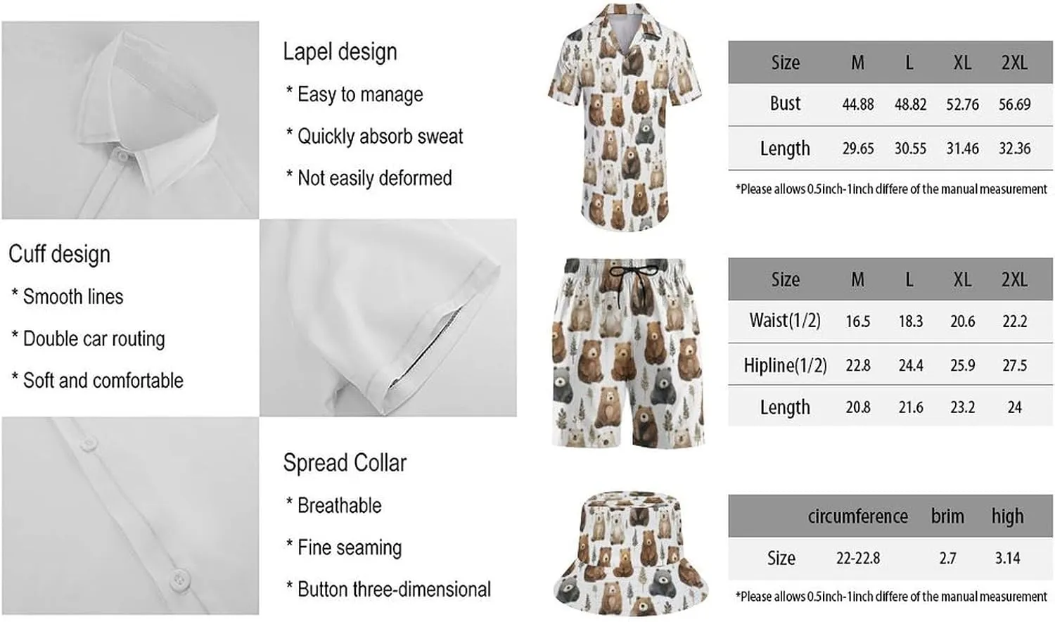 Adugen Origei Men's Two Piece Matching Sets Trees Pattern Beach Suit Button-Up Shirt