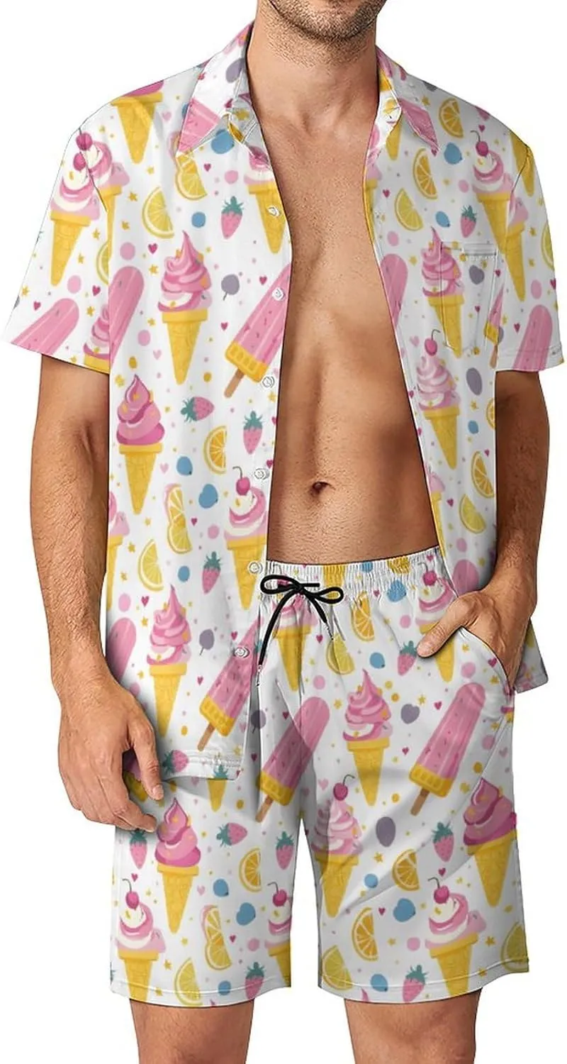 Adugen Origei Men's Two Piece Matching Sets Trees Pattern Beach Suit Button-Up Shirt