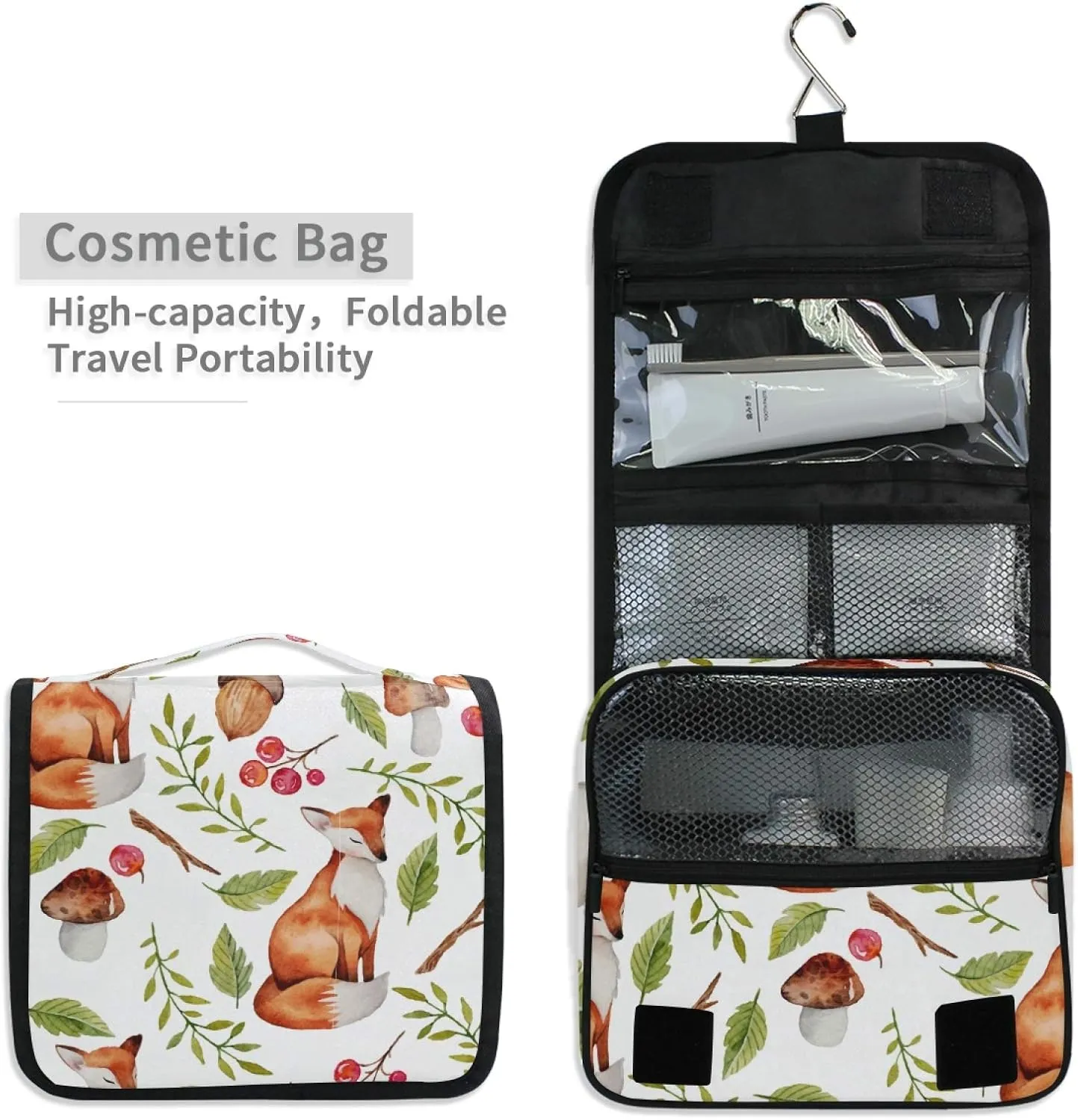 ALAZA Fox Mushrooms Plants Hanging Toiletry Bag for Women Travel Cosmetics Bag Large Capacity Makeup Pouch with Hook Bathroom Storage Bag Waterproof