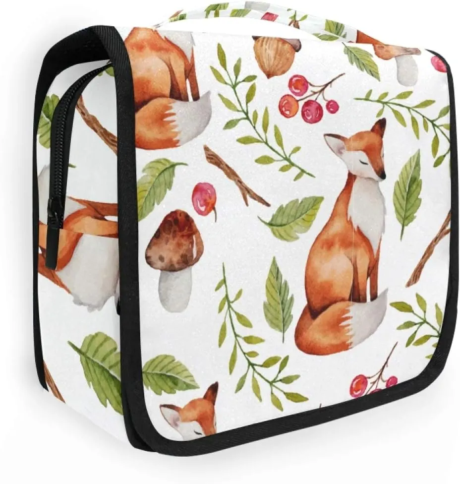 ALAZA Fox Mushrooms Plants Hanging Toiletry Bag for Women Travel Cosmetics Bag Large Capacity Makeup Pouch with Hook Bathroom Storage Bag Waterproof