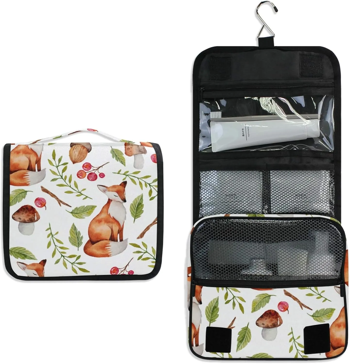 ALAZA Fox Mushrooms Plants Hanging Toiletry Bag for Women Travel Cosmetics Bag Large Capacity Makeup Pouch with Hook Bathroom Storage Bag Waterproof