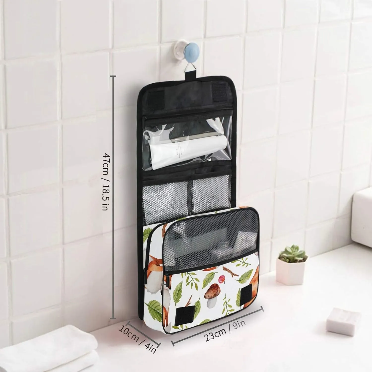 ALAZA Fox Mushrooms Plants Hanging Toiletry Bag for Women Travel Cosmetics Bag Large Capacity Makeup Pouch with Hook Bathroom Storage Bag Waterproof