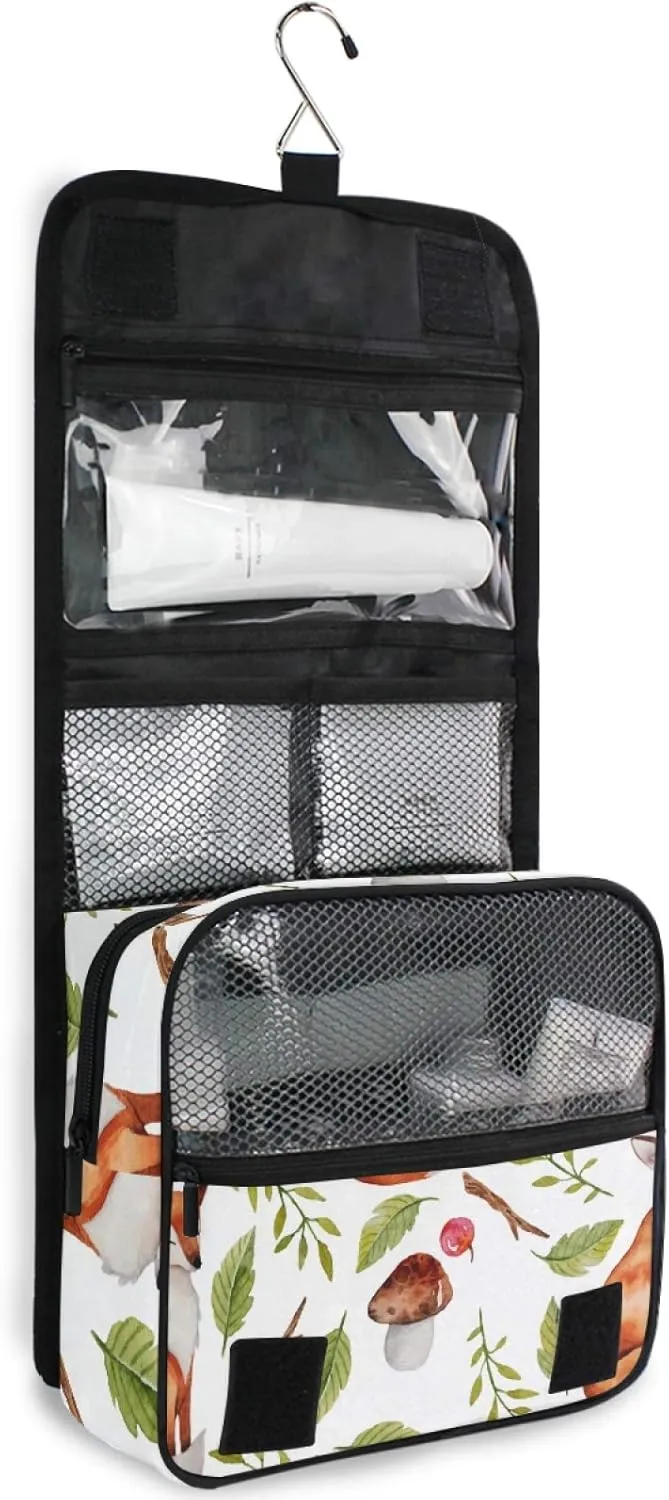 ALAZA Fox Mushrooms Plants Hanging Toiletry Bag for Women Travel Cosmetics Bag Large Capacity Makeup Pouch with Hook Bathroom Storage Bag Waterproof