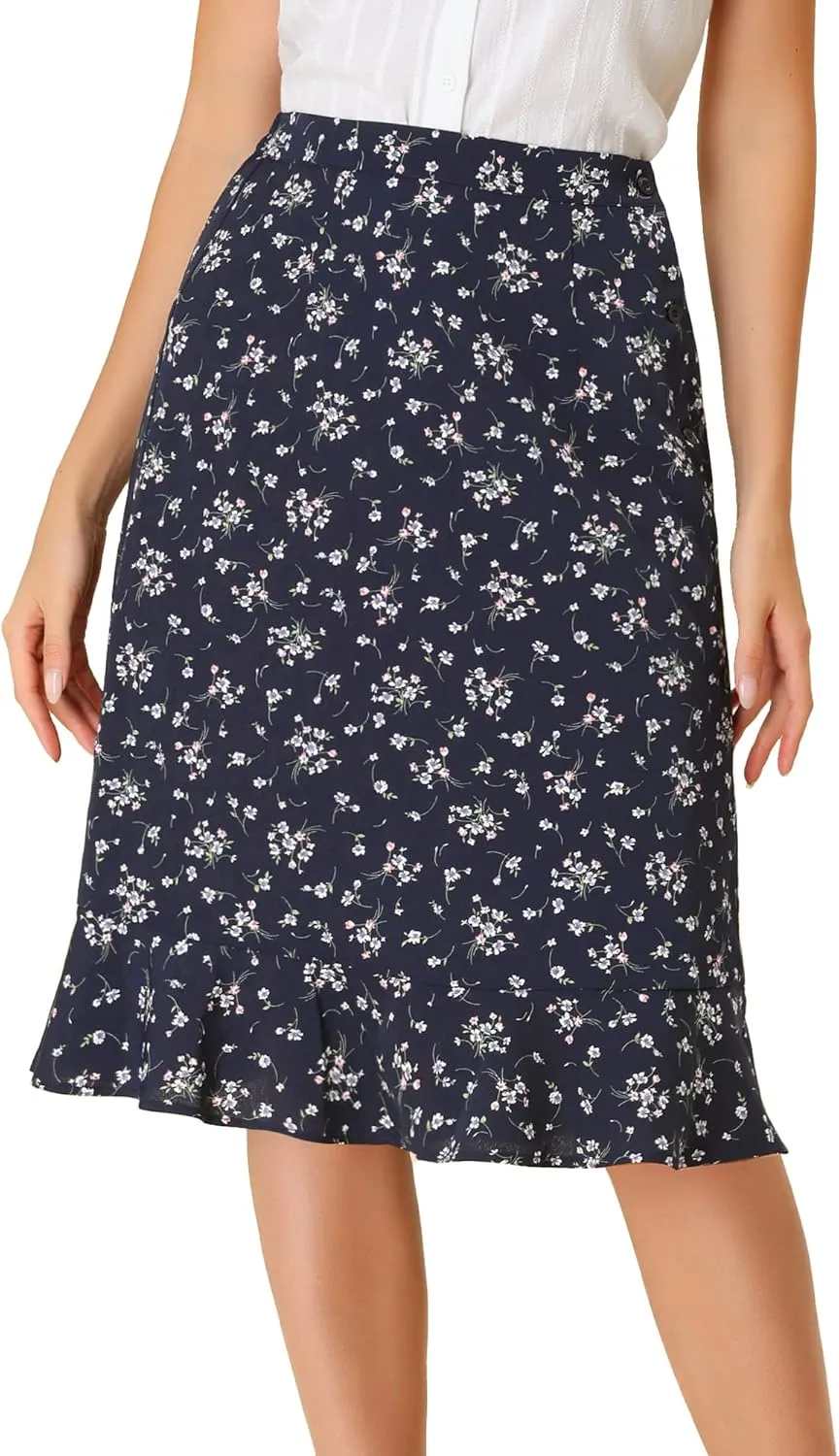 Allegra K Women's Floral Midi Skirts Summer Ruffle High Waist Flowy A-Line Split Knee Length Skirt