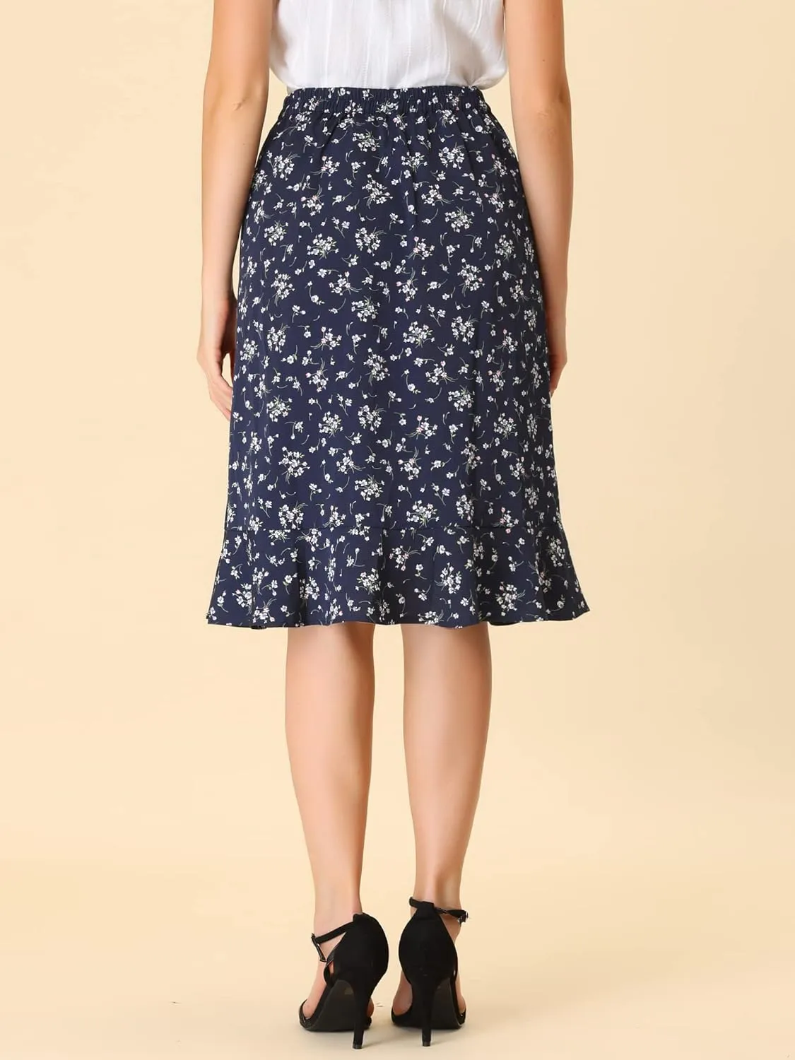 Allegra K Women's Floral Midi Skirts Summer Ruffle High Waist Flowy A-Line Split Knee Length Skirt