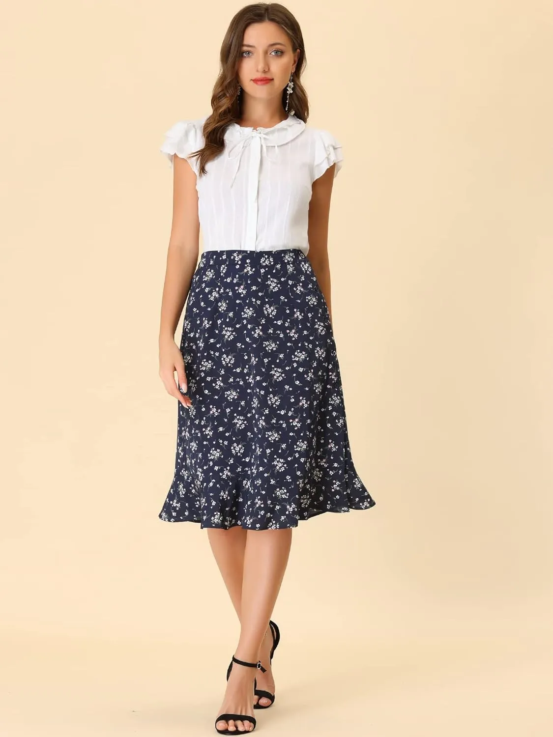 Allegra K Women's Floral Midi Skirts Summer Ruffle High Waist Flowy A-Line Split Knee Length Skirt