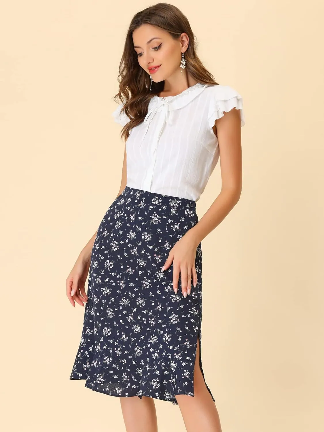 Allegra K Women's Floral Midi Skirts Summer Ruffle High Waist Flowy A-Line Split Knee Length Skirt