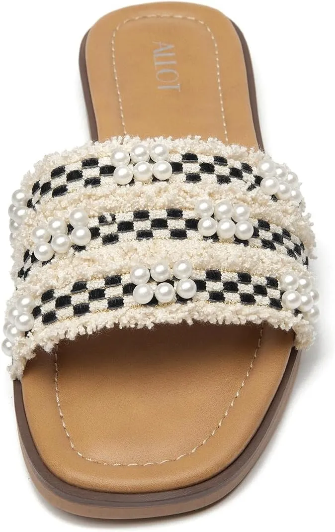 ALLOT Women's Pearls Flat Sandals Square Toe Slip On Comfortable Slides Summer Casual Beach Shoes