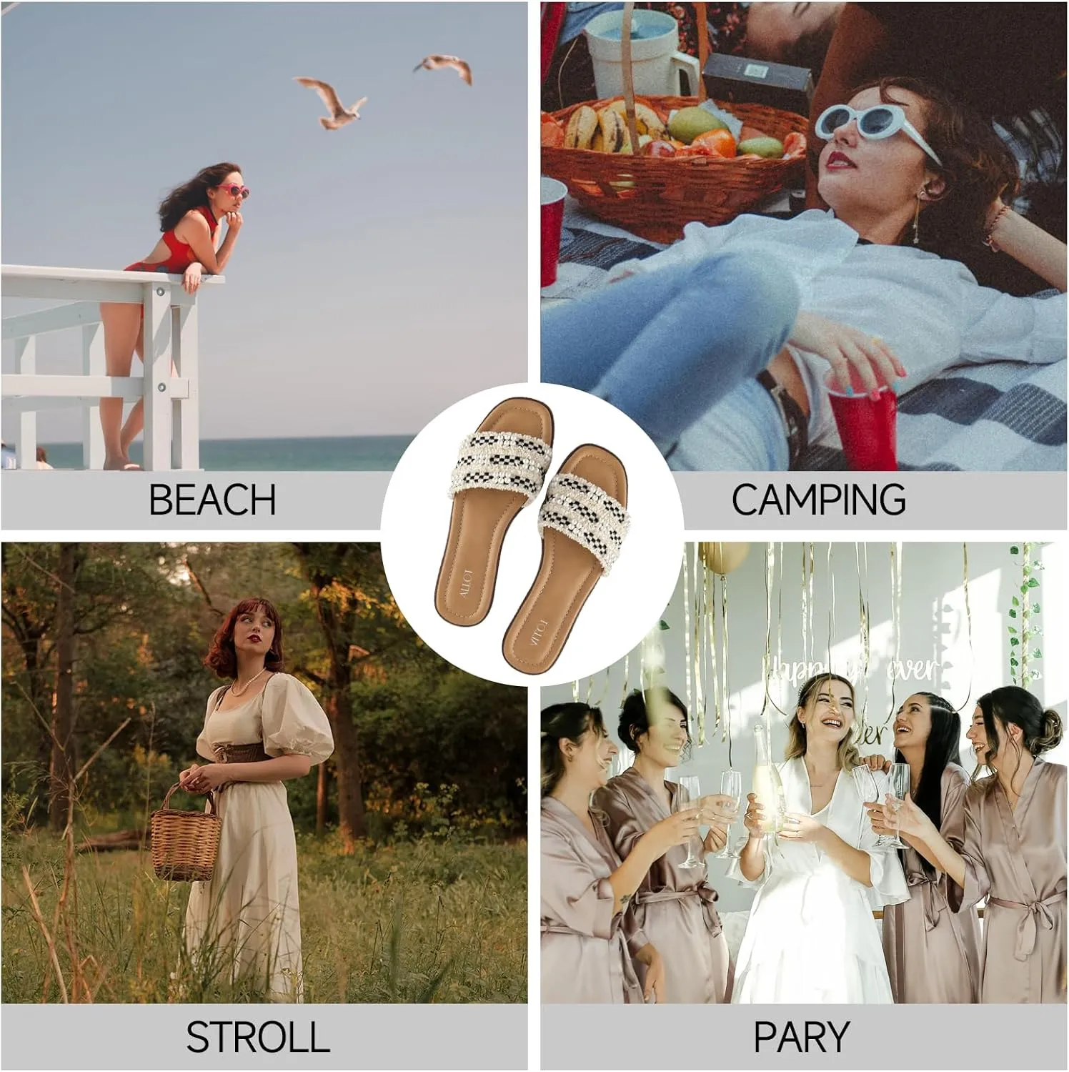 ALLOT Women's Pearls Flat Sandals Square Toe Slip On Comfortable Slides Summer Casual Beach Shoes