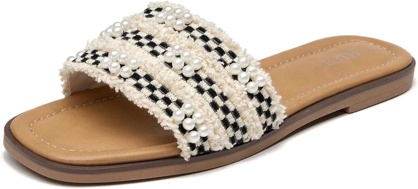 ALLOT Women's Pearls Flat Sandals Square Toe Slip On Comfortable Slides Summer Casual Beach Shoes