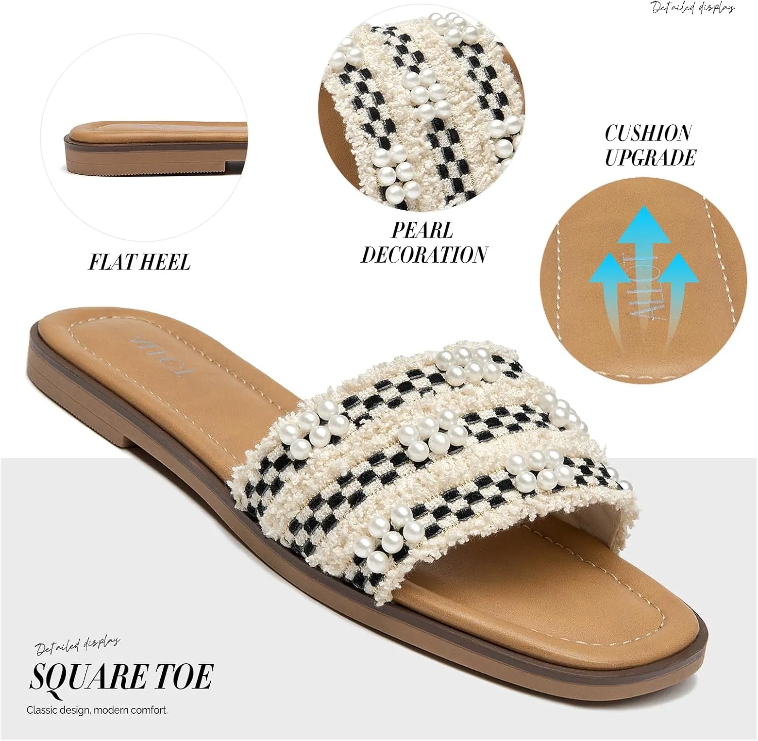 ALLOT Women's Pearls Flat Sandals Square Toe Slip On Comfortable Slides Summer Casual Beach Shoes