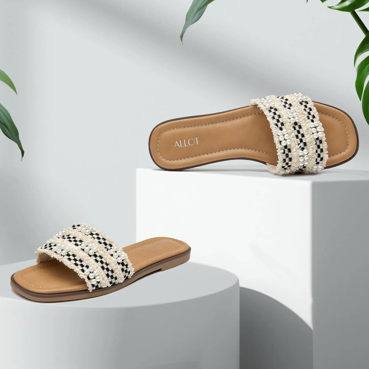 ALLOT Women's Pearls Flat Sandals Square Toe Slip On Comfortable Slides Summer Casual Beach Shoes