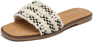 ALLOT Women's Pearls Flat Sandals Square Toe Slip On Comfortable Slides Summer Casual Beach Shoes