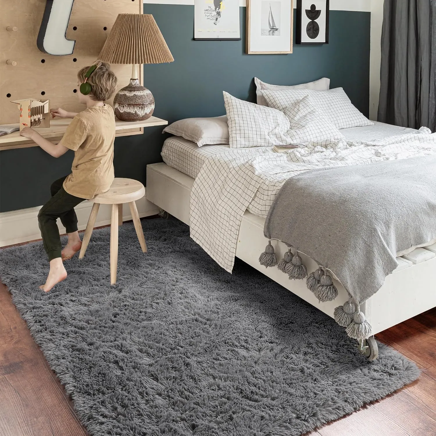 Amdrebio Grey Area Rugs for Bedroom Living Room, Fluffy Fuzzy Modern Rugs for Kids Room, Furry Floor Shaggy Throw Gray Carpet for Baby Nursery Preppy Dorm Office, Home Decor, Farmhouse Thick Rug 4x6