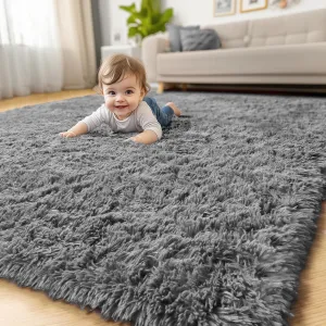 Amdrebio Grey Area Rugs for Bedroom Living Room, Fluffy Fuzzy Modern Rugs for Kids Room, Furry Floor Shaggy Throw Gray Carpet for Baby Nursery Preppy Dorm Office, Home Decor, Farmhouse Thick Rug 4x6