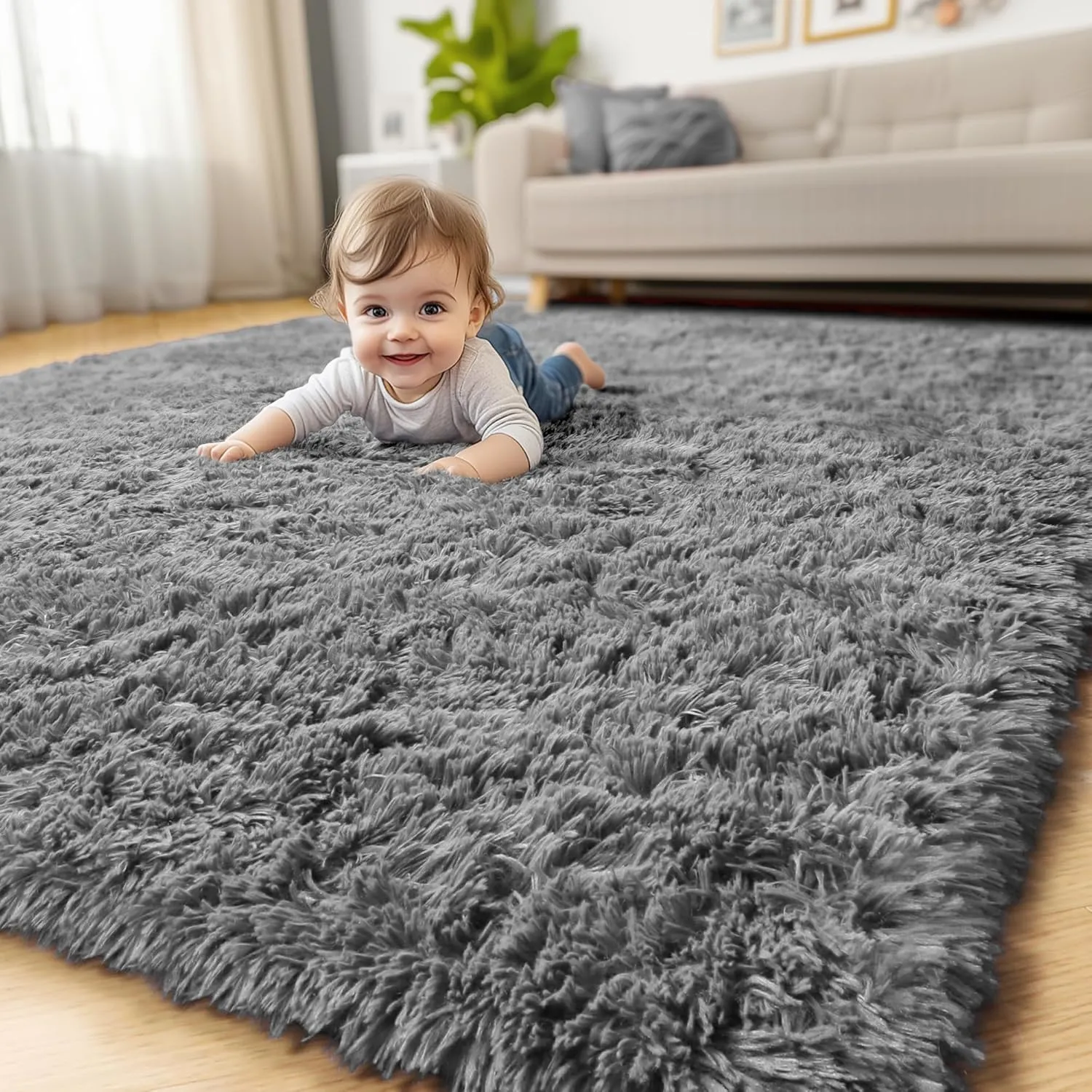 Amdrebio Grey Area Rugs for Bedroom Living Room, Fluffy Fuzzy Modern Rugs for Kids Room, Furry Floor Shaggy Throw Gray Carpet for Baby Nursery Preppy Dorm Office, Home Decor, Farmhouse Thick Rug 4x6