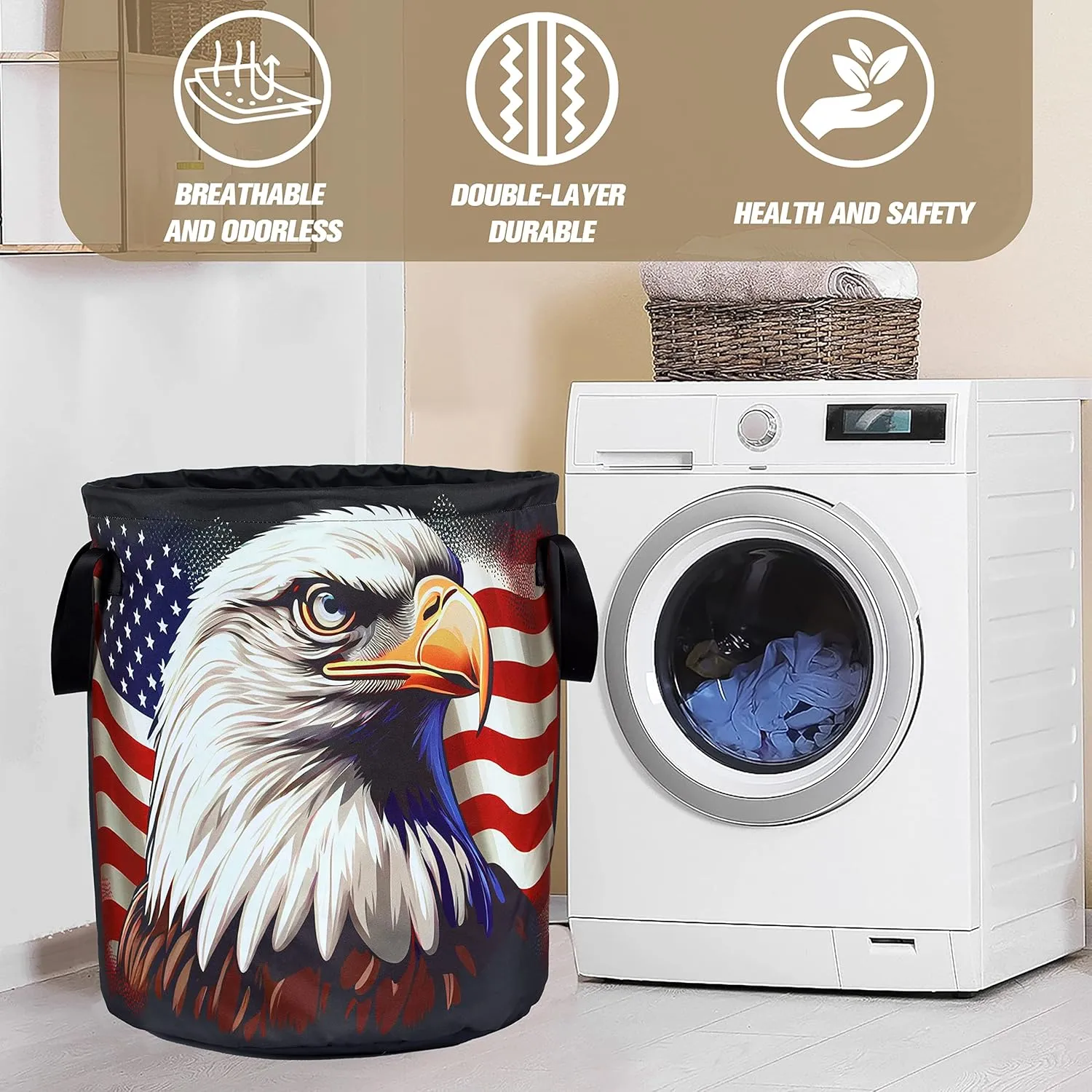American Flag Eagle Laundry Basket Foldable Oxford Cloth Funny Tote Bag Laundry Hamper Clothes Storage Bucket Organizer For Bathroom/Laundry Storage/Bedroom Storage Basket 17.7x13.7 Inch