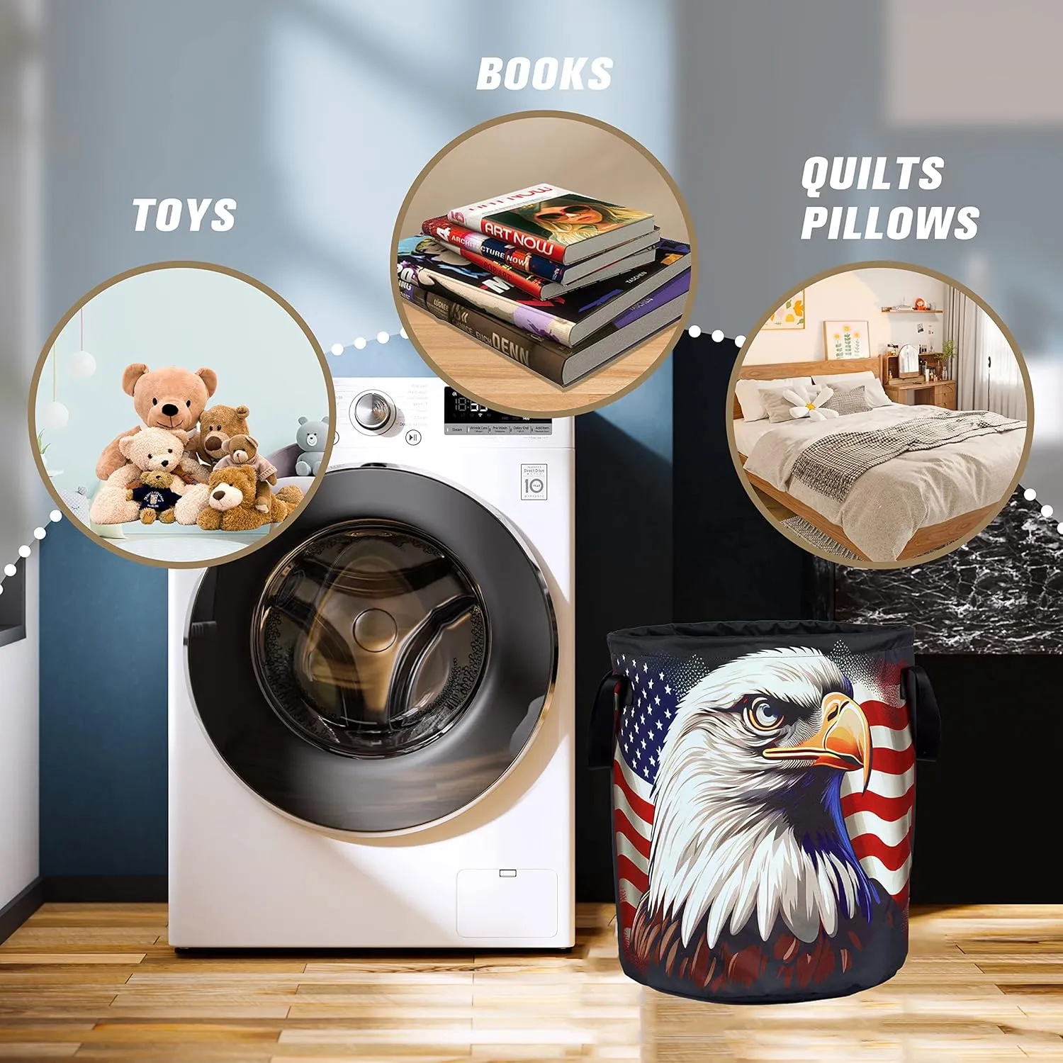 American Flag Eagle Laundry Basket Foldable Oxford Cloth Funny Tote Bag Laundry Hamper Clothes Storage Bucket Organizer For Bathroom/Laundry Storage/Bedroom Storage Basket 17.7x13.7 Inch