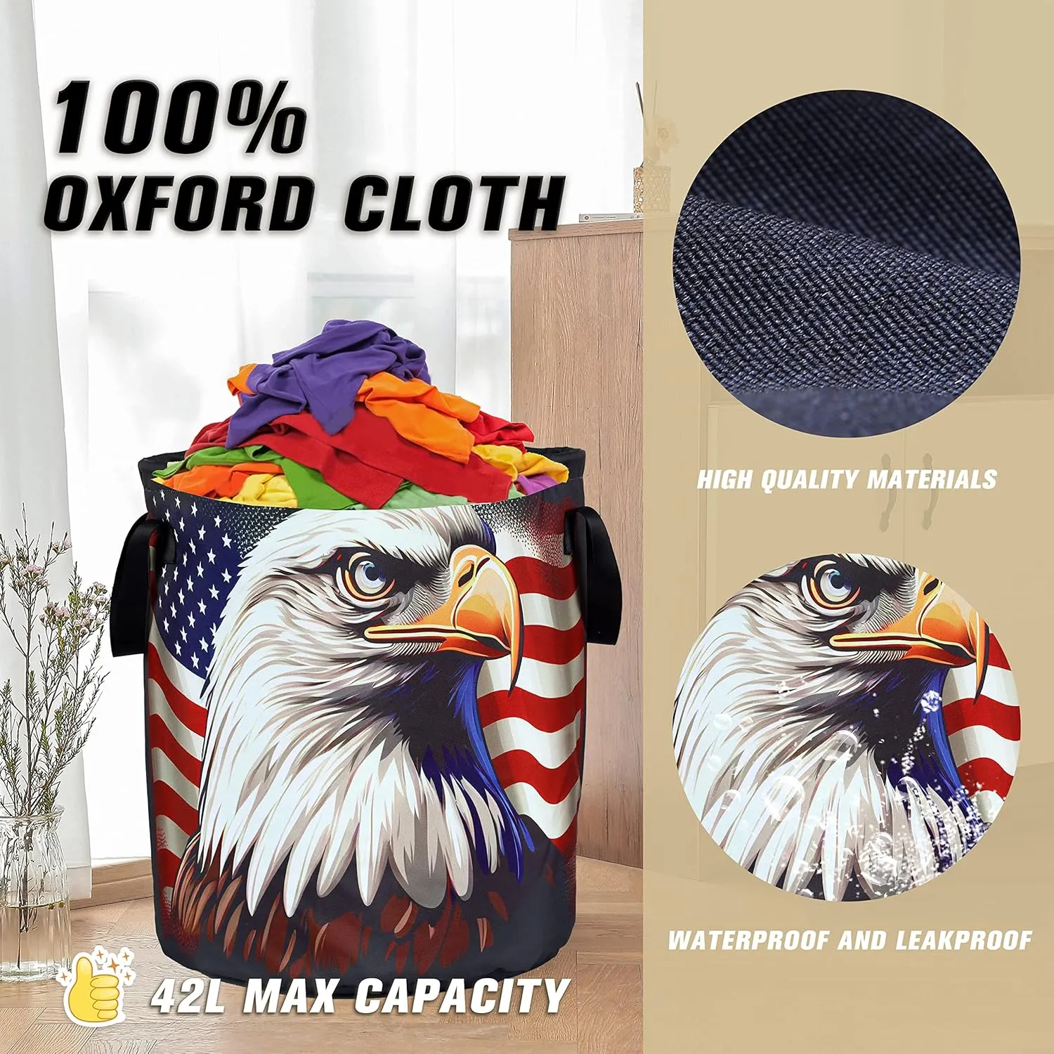 American Flag Eagle Laundry Basket Foldable Oxford Cloth Funny Tote Bag Laundry Hamper Clothes Storage Bucket Organizer For Bathroom/Laundry Storage/Bedroom Storage Basket 17.7x13.7 Inch
