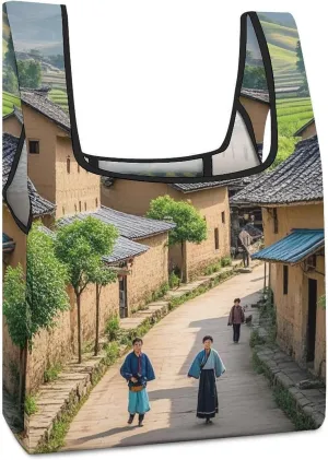 Ancient Town Tote Bag Reusable Shopping Handbag Washable Foldable Grocery Tote for Picnic Shopping