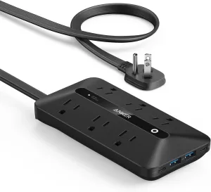 Anker Flat Plug Power Strip 300J with USB Ports, 10-in-1 Ultra Thin Power Strip with 6 AC, 2 USB-A and 2 USB-C Ports,5feet Extension Cord, Desk Charging Station,Home Office College Dorm