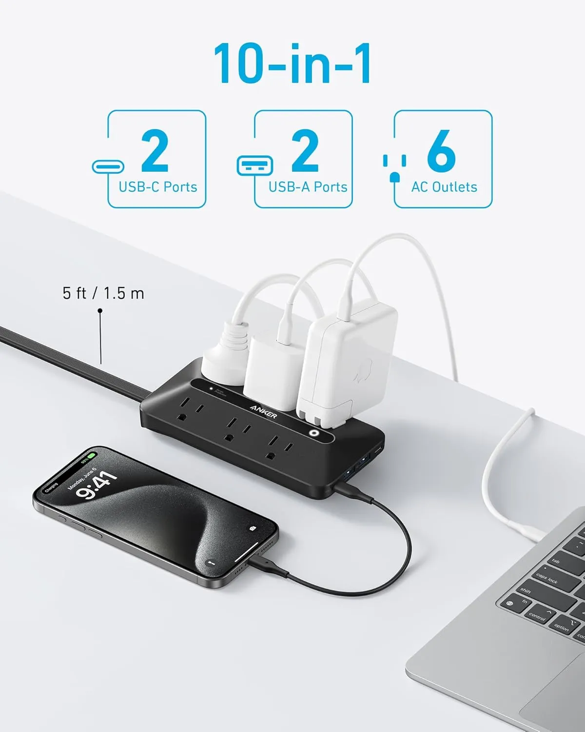 Anker Flat Plug Power Strip 300J with USB Ports, 10-in-1 Ultra Thin Power Strip with 6 AC, 2 USB-A and 2 USB-C Ports,5feet Extension Cord, Desk Charging Station,Home Office College Dorm